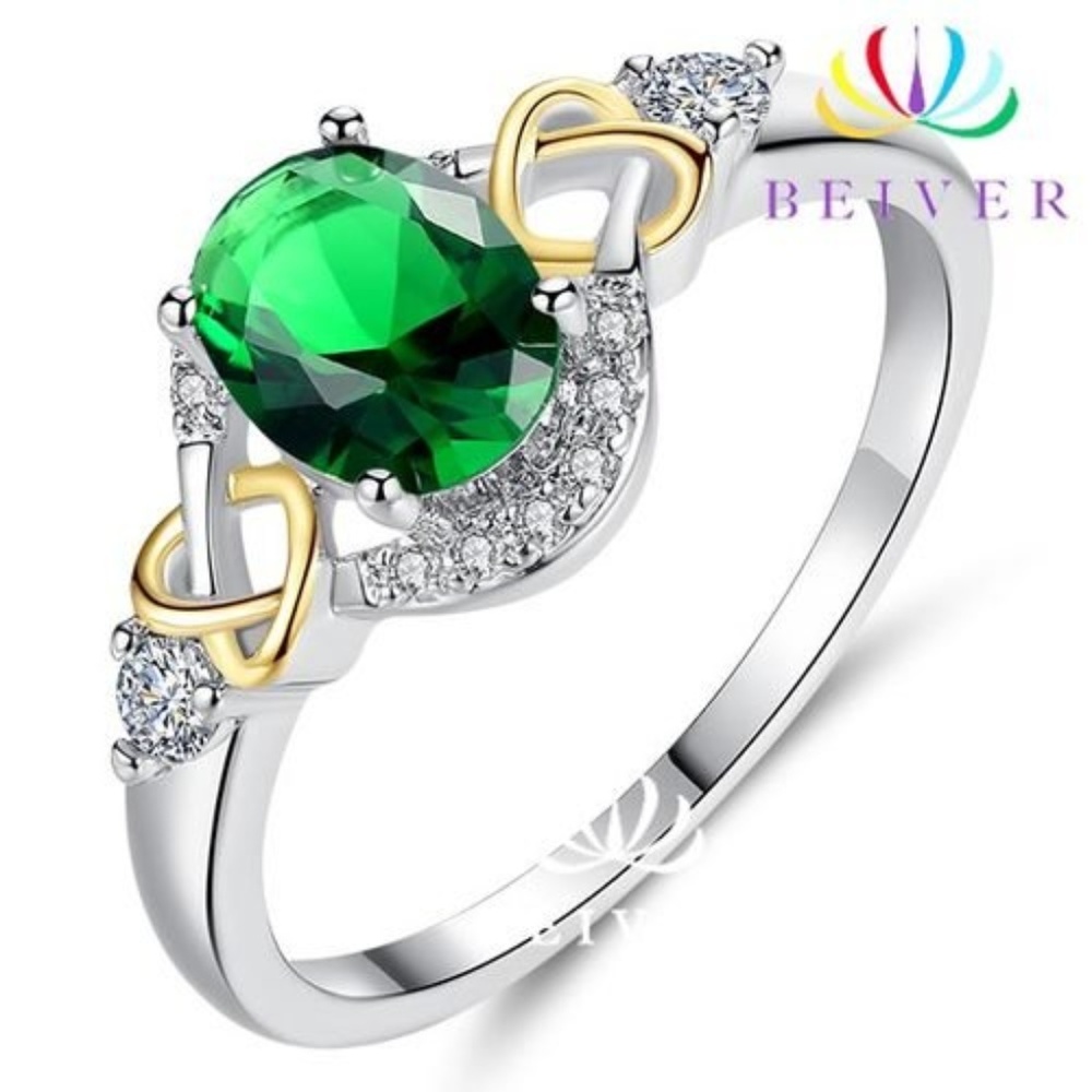 Green Oval Emerald CZ Halo Gold Heart Ring 7 New